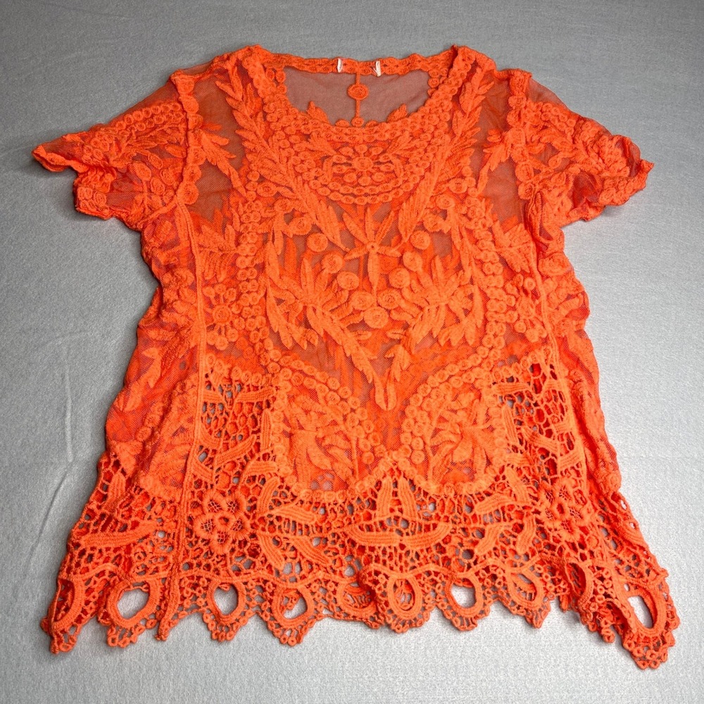 Sheer Lace Crochet Short Sleeve‎ Boho Top Coverup Orange